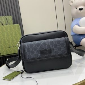 Gucci Black GG Supreme Canvas Black Leather Small Messenger