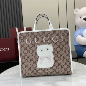 Children's printed GG tote bag in beige and dark brown