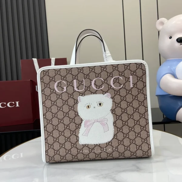 Children's printed GG tote bag in beige and dark brown