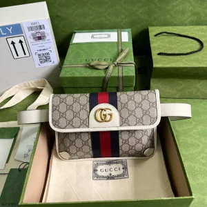 Gucci Brown GG Supreme Ophidia Belt Bag White Beige Leather Cloth
