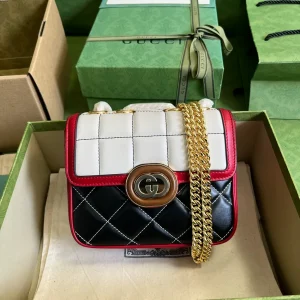 Gucci Women GG Deco Mini Shoulder Bag Black White Quilted Leather Interlocking