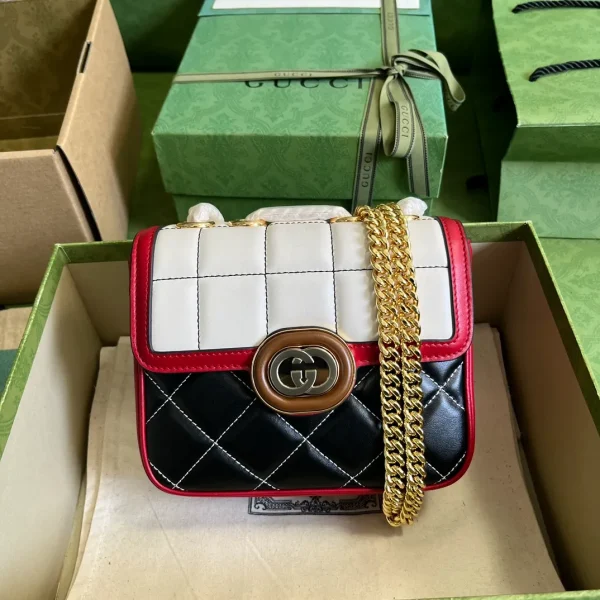 Gucci Women GG Deco Mini Shoulder Bag Black White Quilted Leather Interlocking
