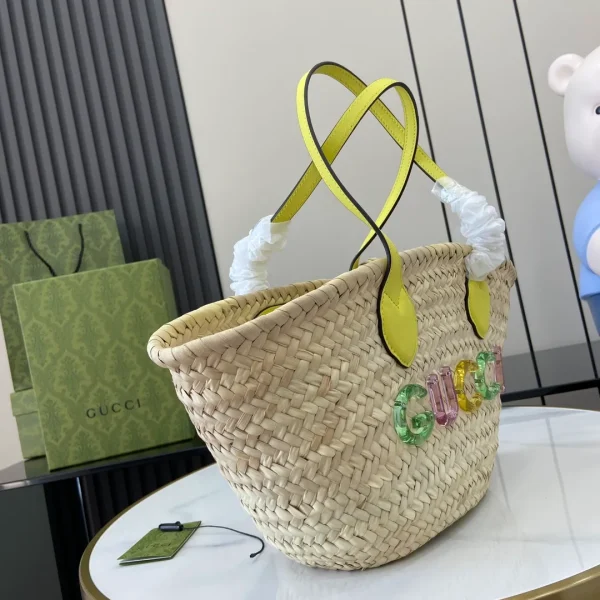 Mini straw tote with Gucci logo in natural woven straw - Image 5