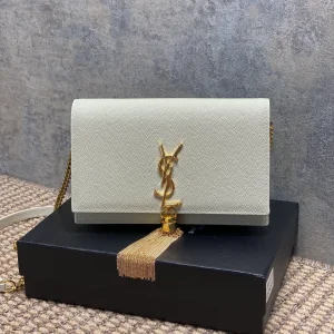 Saint Laurent Kate Shoulder Bag White in Leather with Gold