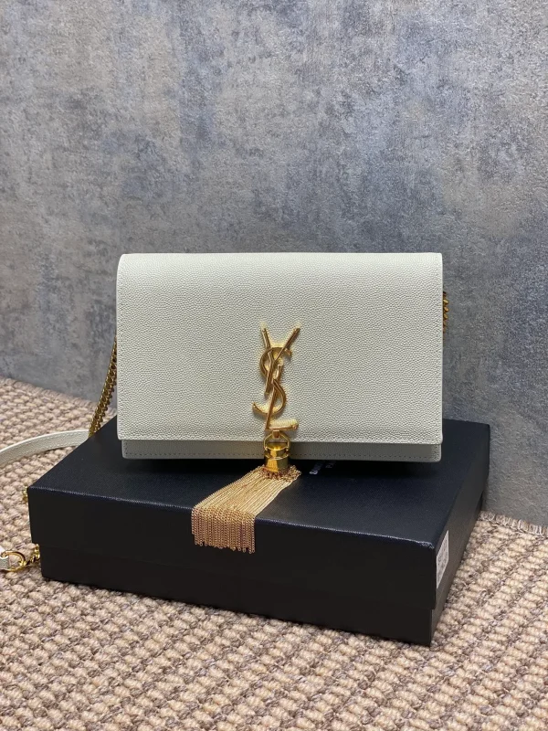 Saint Laurent Kate Shoulder Bag White in Leather with Gold