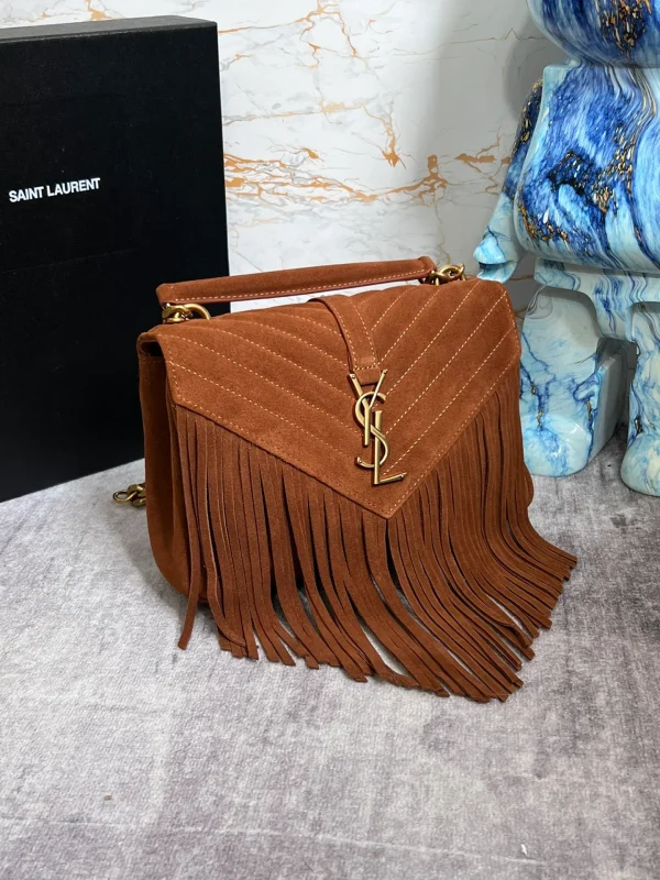 Replica Saint Laurent Chevron Quilted Suede Fringe College Shoulder Bag - Image 3