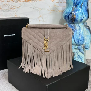 SAINT LAURENT College YSL Fringed Quilted-Suede Cross Body Bag