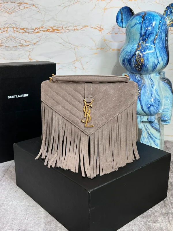 SAINT LAURENT College YSL Fringed Quilted-Suede Cross Body Bag