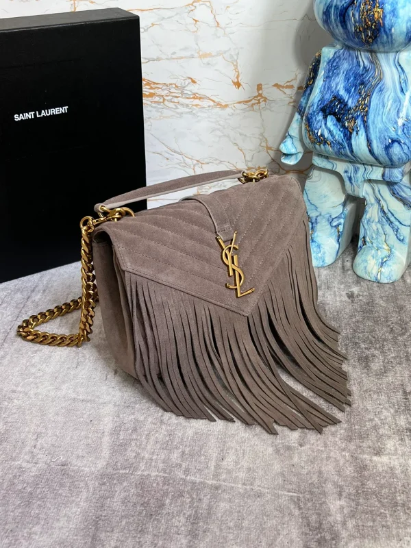 SAINT LAURENT College YSL Fringed Quilted-Suede Cross Body Bag - Image 4