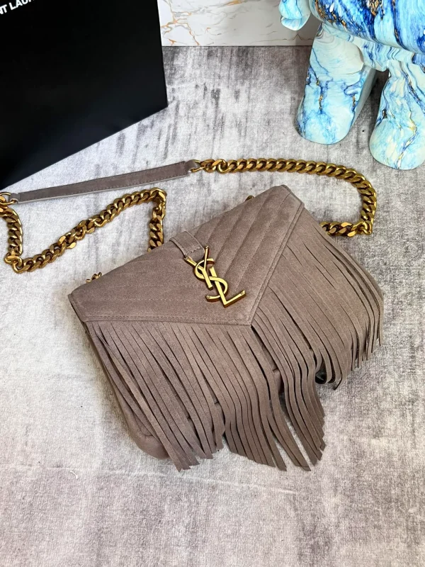 SAINT LAURENT College YSL Fringed Quilted-Suede Cross Body Bag - Image 8