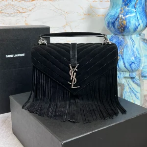 YSL College Medium Chain Bag In Light Suede With Fringes