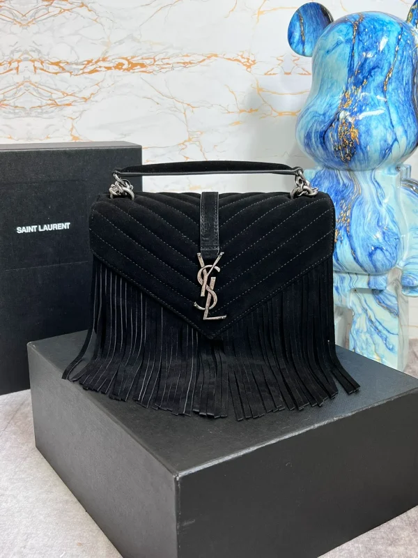 YSL College Medium Chain Bag In Light Suede With Fringes